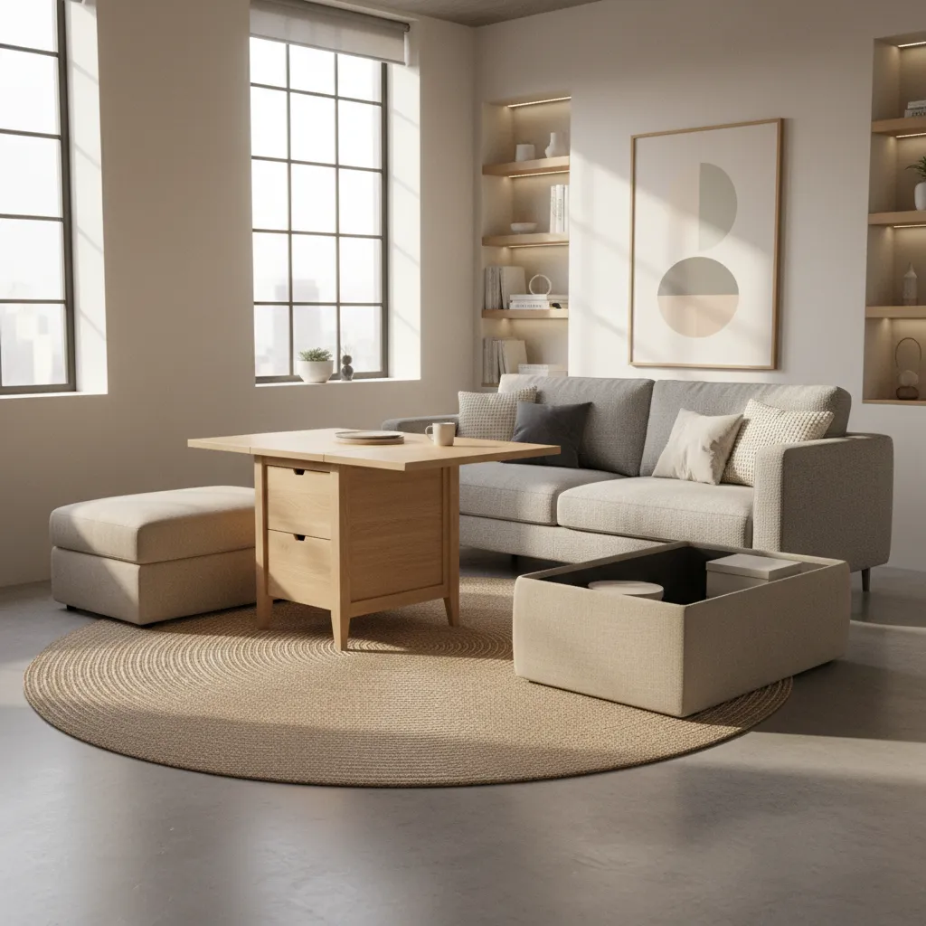 Compact loft living area featuring multifunction sofa bed and expandable table