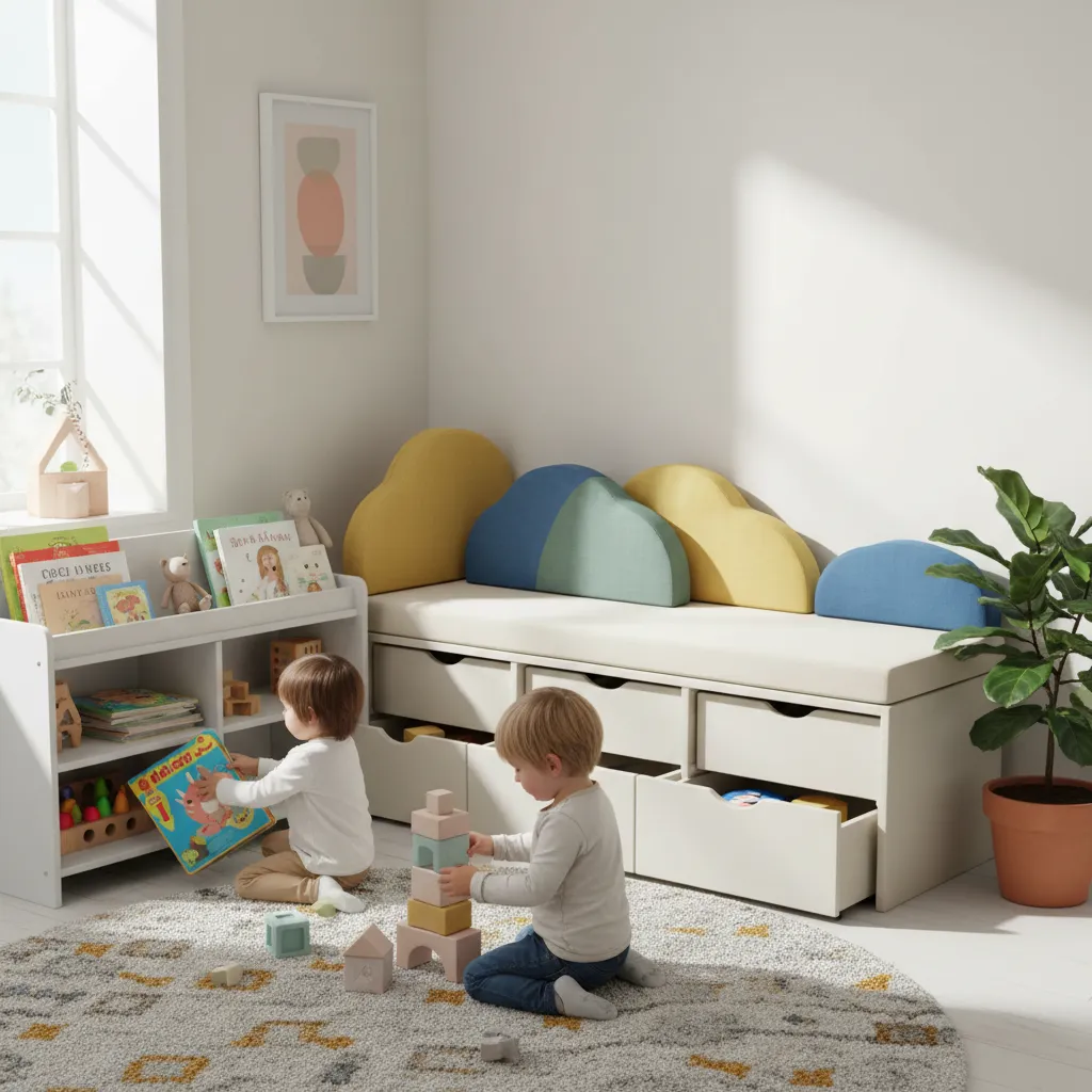 compact kids storage bench with cushions and toy storage underneath