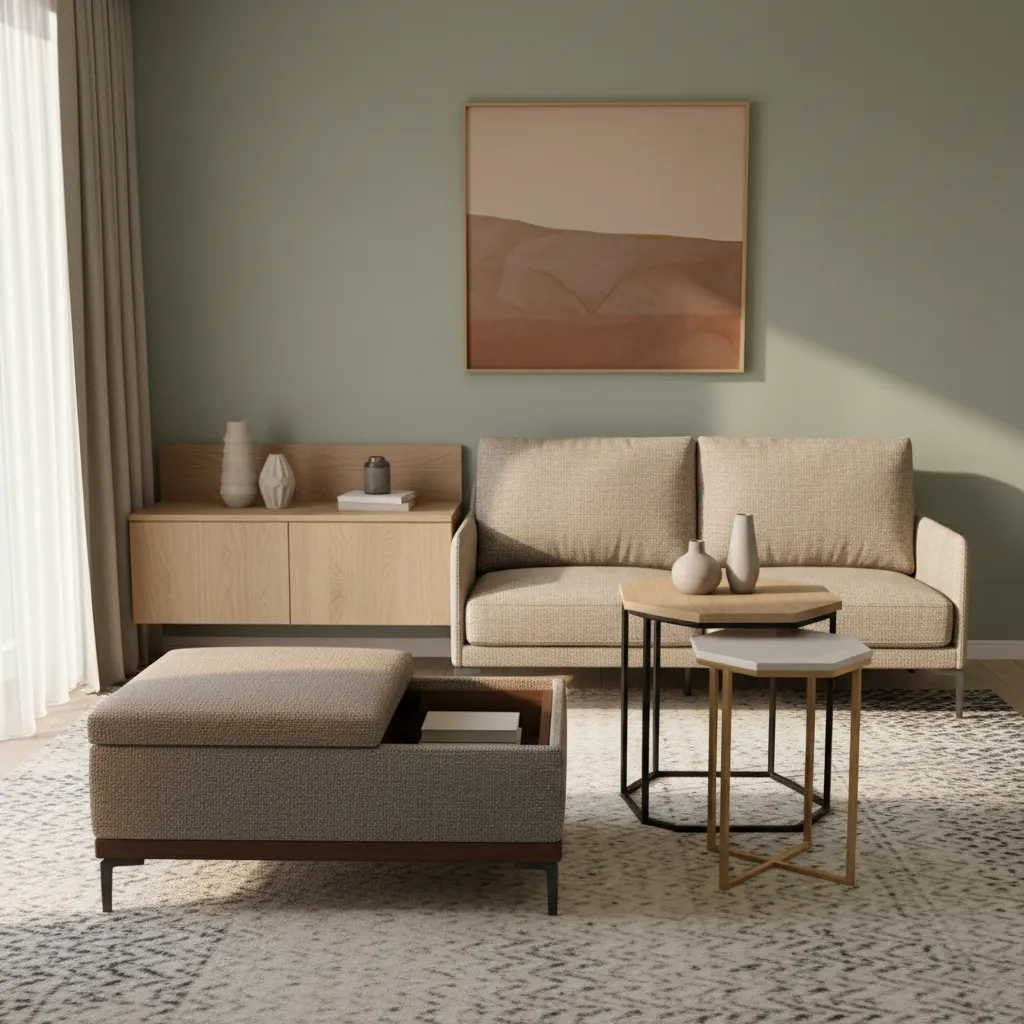 Multifunction furniture including storage ottoman and nesting tables