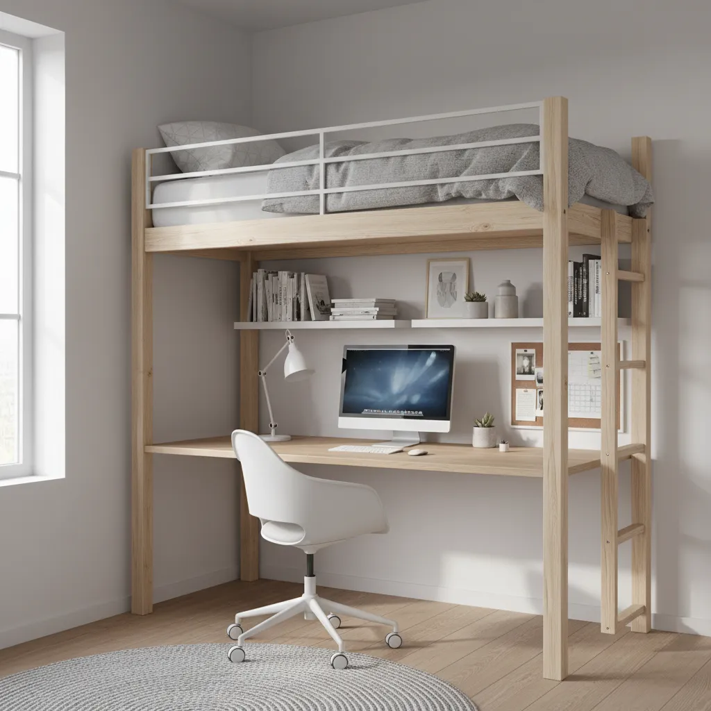 Loft bed with desk underneath in a small teen bedroom