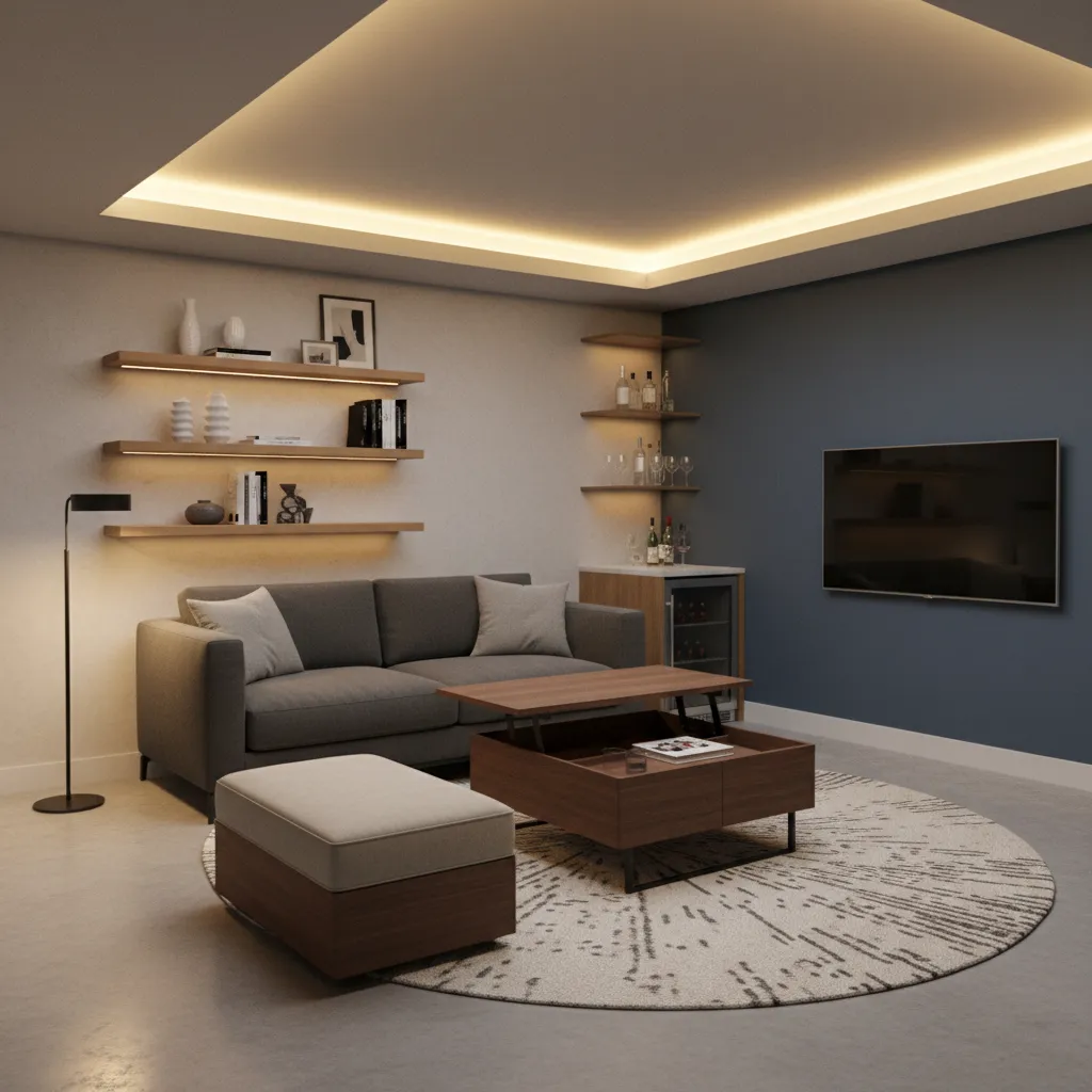 Multifunctional basement living area with grey sofa adjustable wooden coffee table wall shelves and fridge