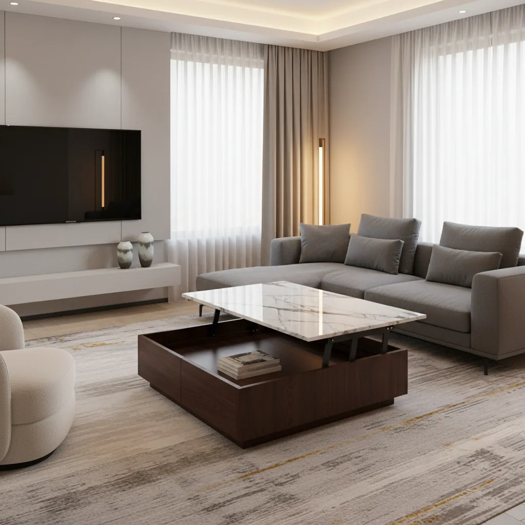 Luxury lift top coffee table with hidden storage in a small living room