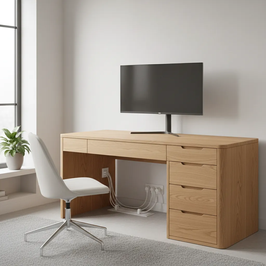 Multi functional desk with storage drawers in compact home office
