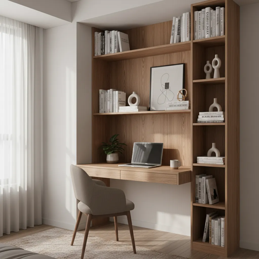 Modern wooden home office desk with bookshelves featuring a laptop grey chair plant and books