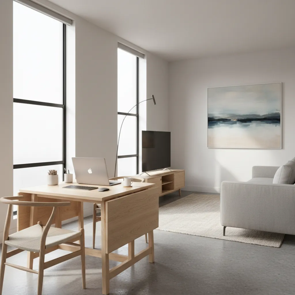 Drop leaf dining table used as a workspace in a compact living room