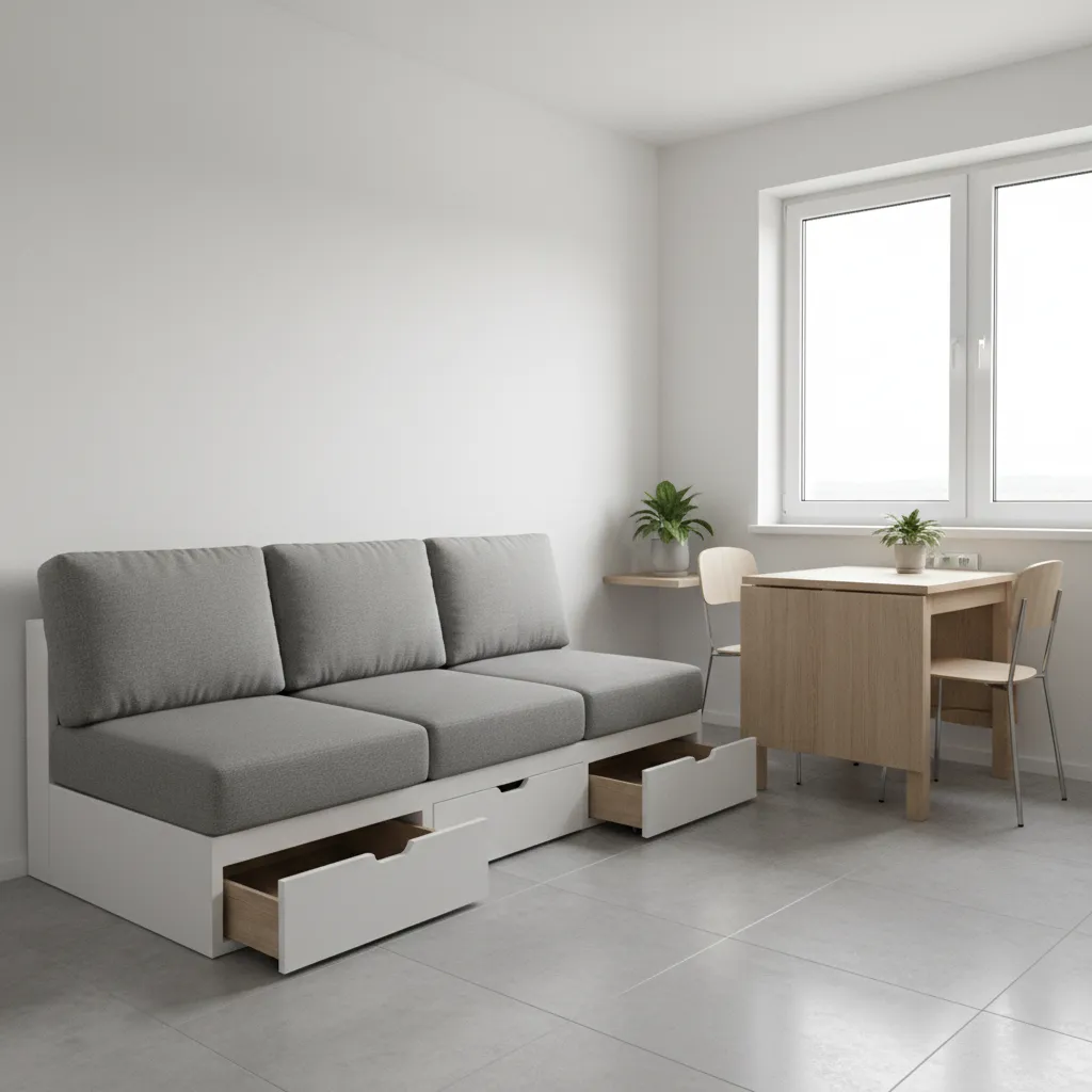 Grey sofa with open storage drawers near wooden dining table and chairs in bright room
