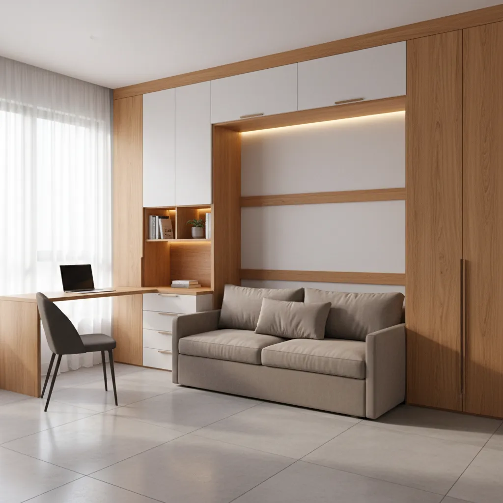 Bright room with wooden wall cabinets, tan sofa, small desk, laptop, chair, and white curtains
