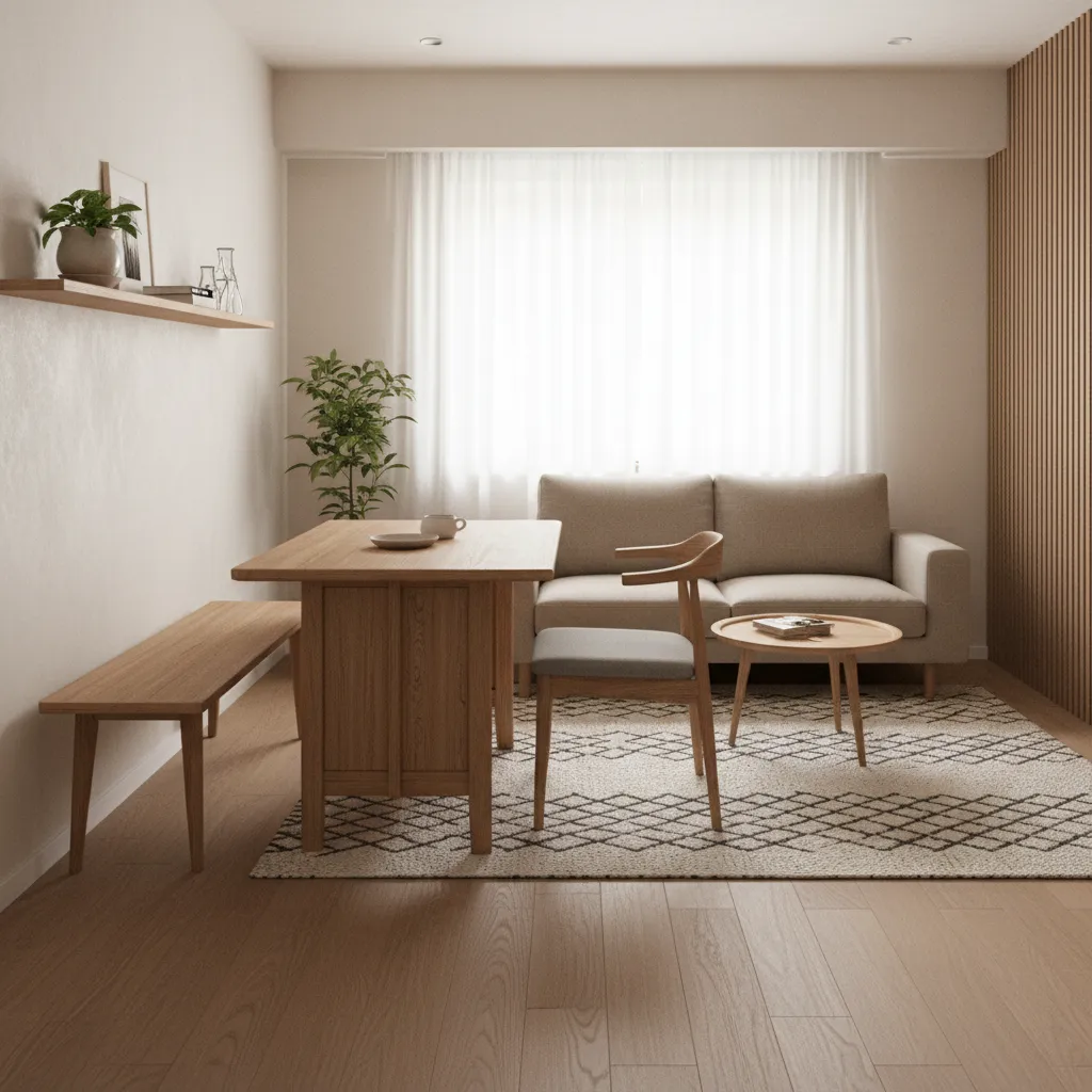 Drop leaf dining table and bench seating in small living dining space