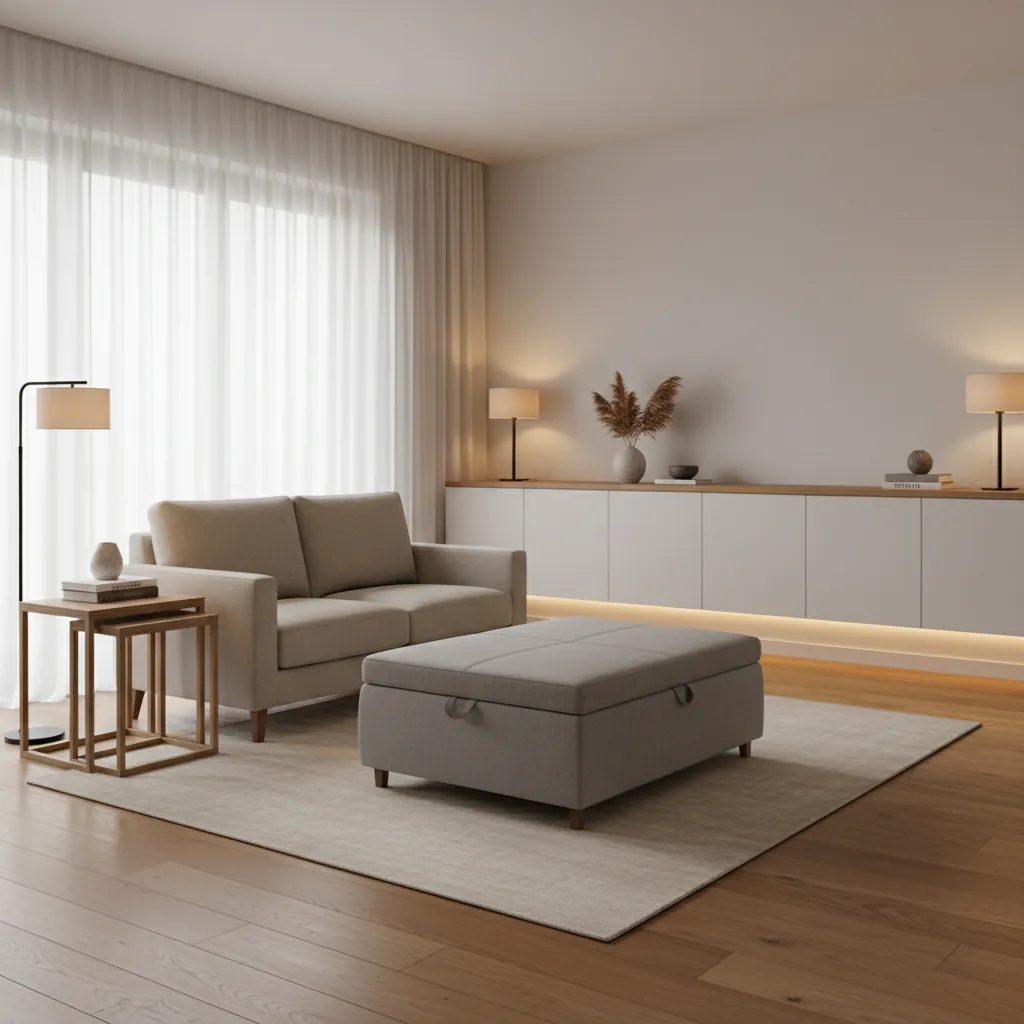 living room with storage ottoman and multifunctional furniture