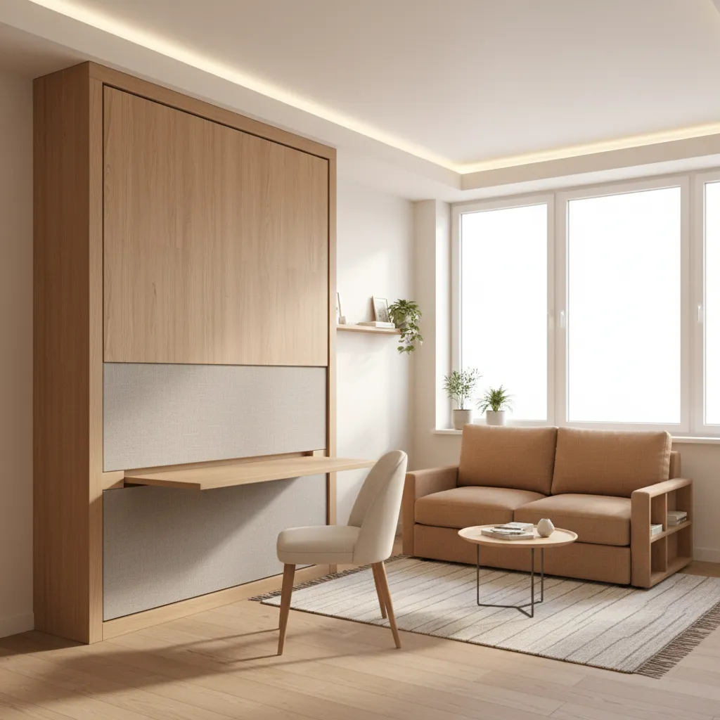 Murphy bed and foldable desk furniture solution in a micro apartment