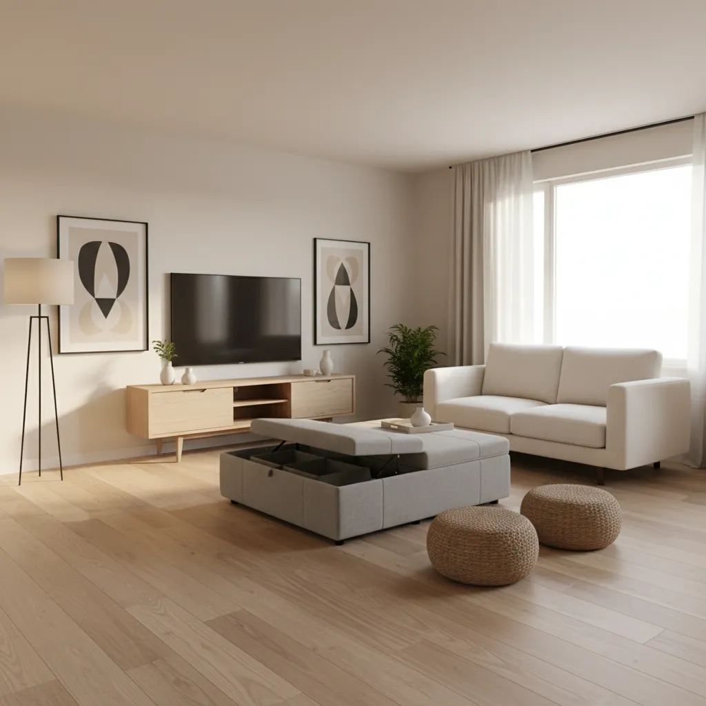 multi functional furniture in small open living room with storage ottoman and compact sofa