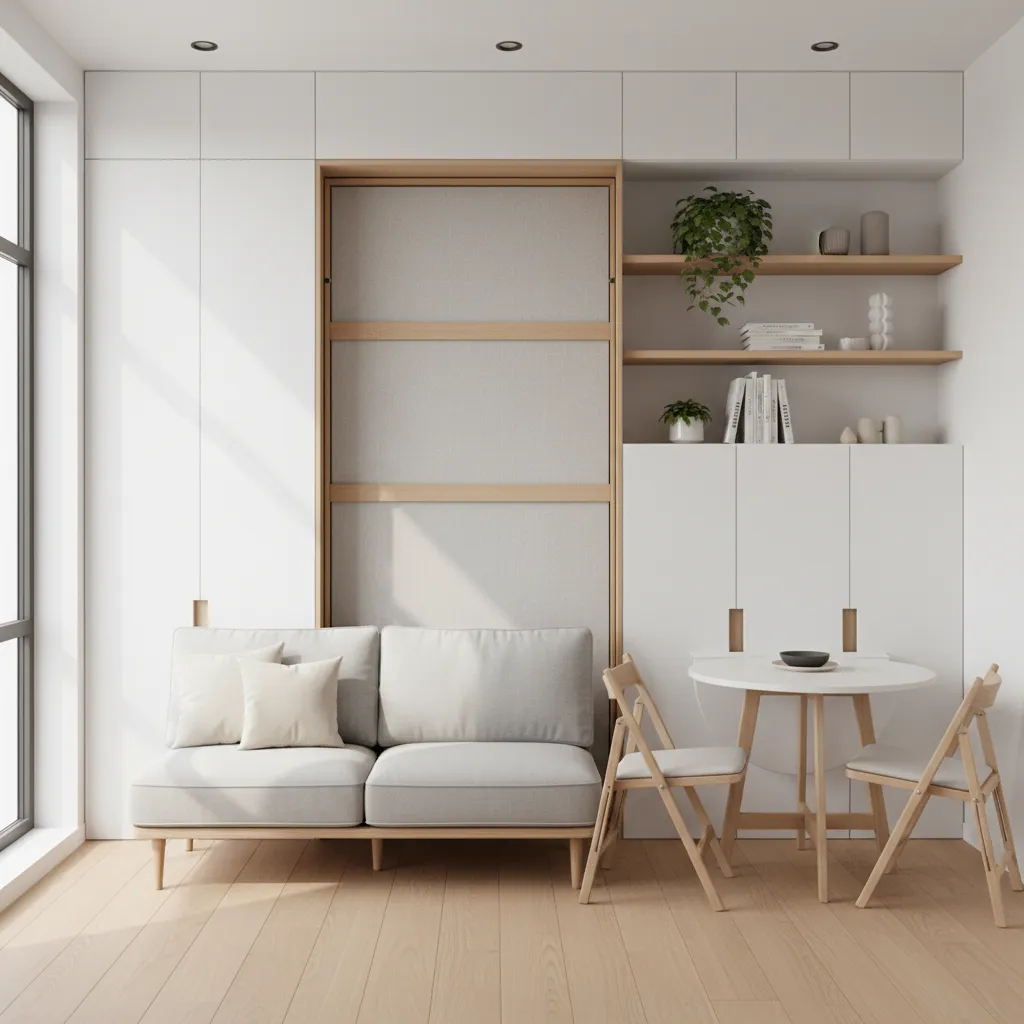 multifunctional furniture in a small studio apartment including murphy bed and storage