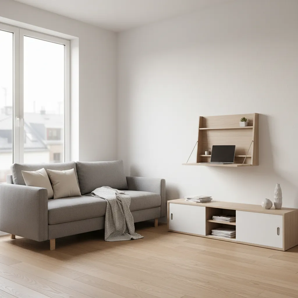 multifunctional sofa bed and foldable table in small apartment living area