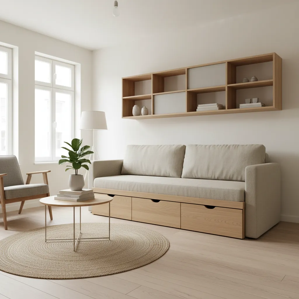 Mueble multifuncional en un apartamento pequeño con sofá cama y almacenamiento