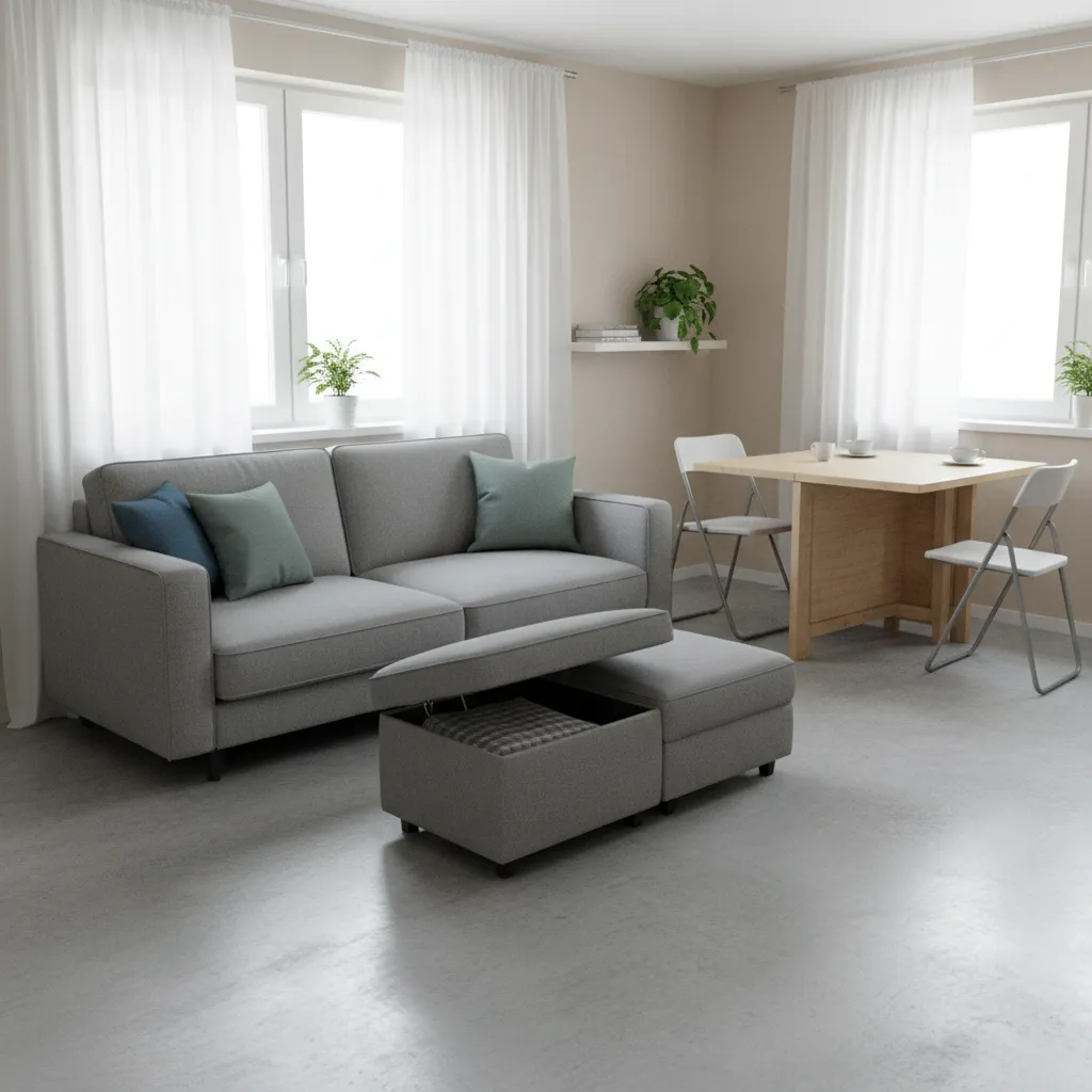 Small apartment living space with sofa bed storage ottoman and expandable dining table
