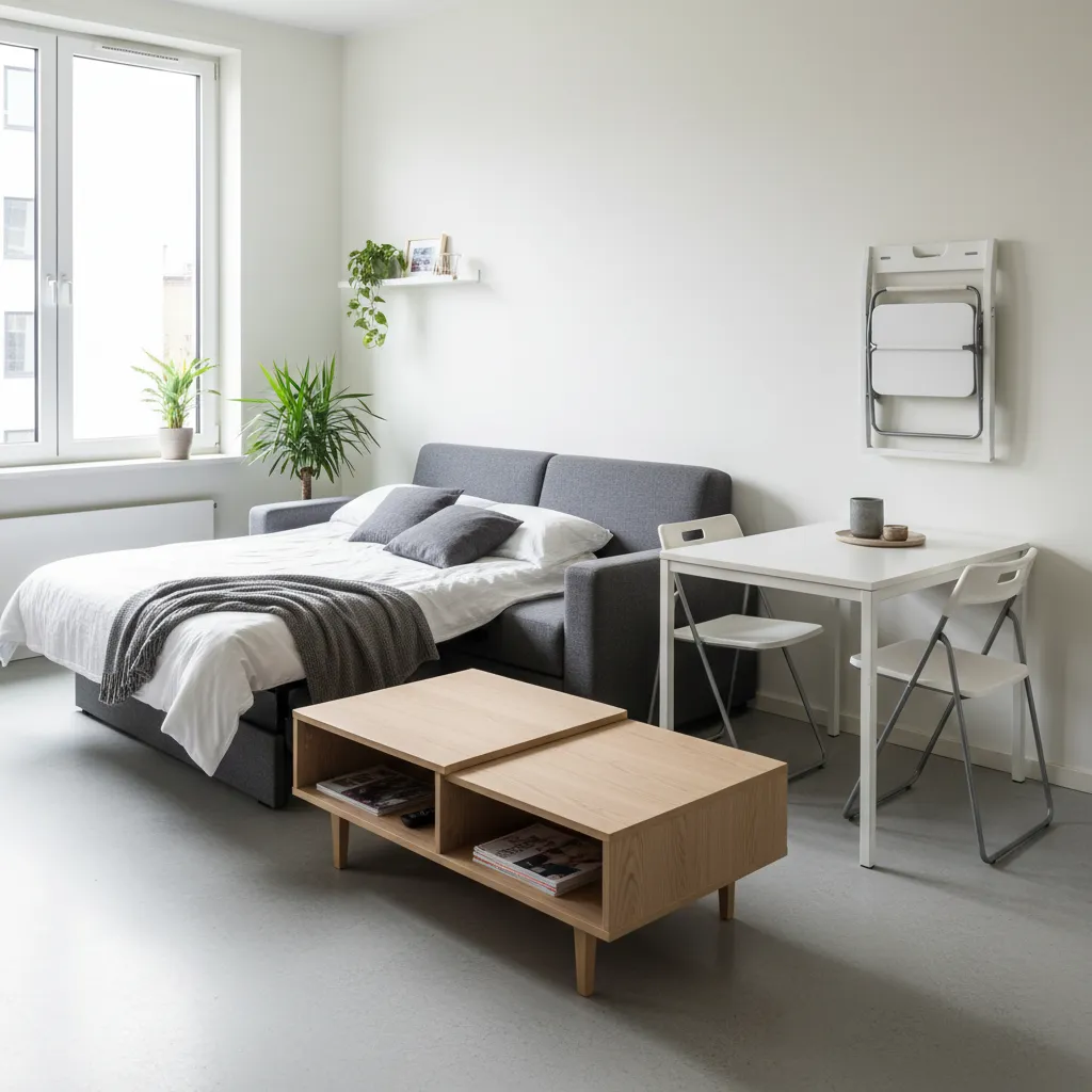 Small living room with gray sofa bed wooden coffee table white table and green plants