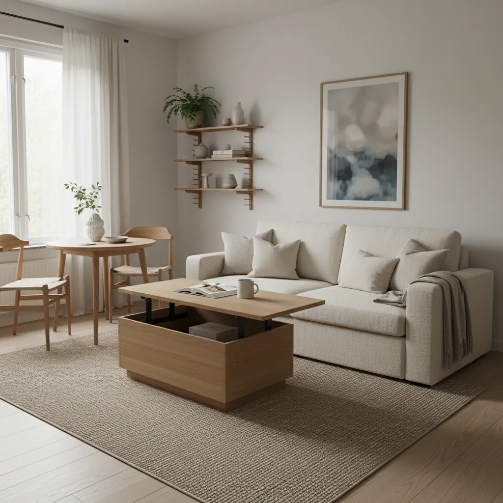 Muebles multifuncionales en un salón pequeño moderno