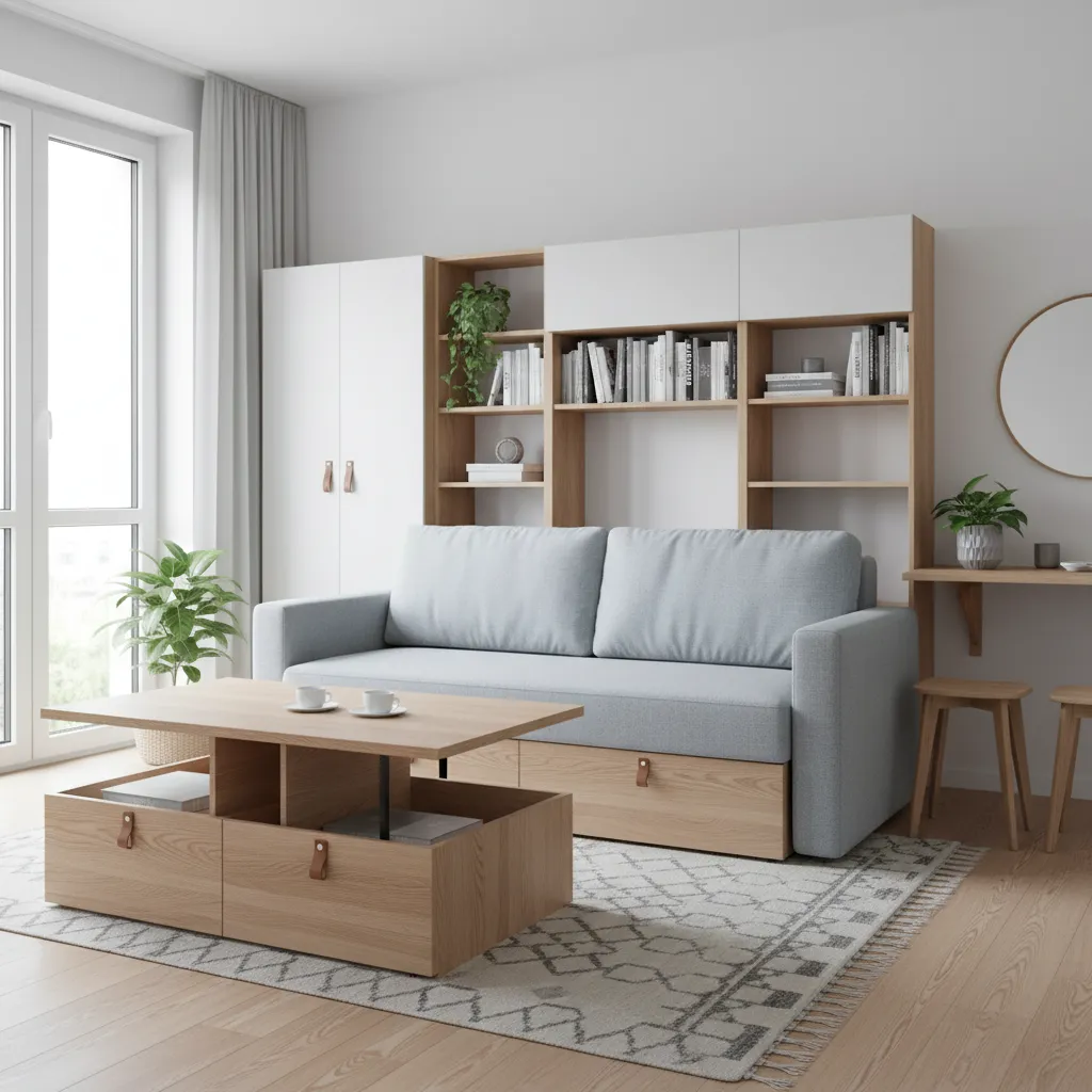 Muebles multifuncionales en un apartamento pequeño moderno