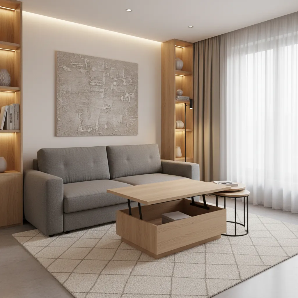 small apartment with sofa bed and storage coffee table