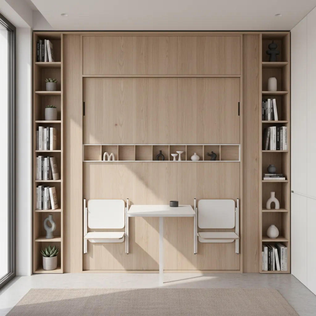 Small apartment with multifunctional furniture and vertical storage