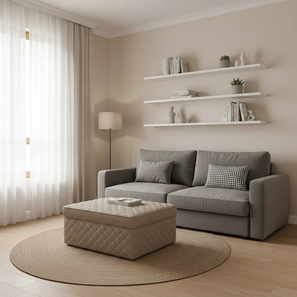 Multifunctional furniture in a compact apartment including sofa bed and storage ottoman