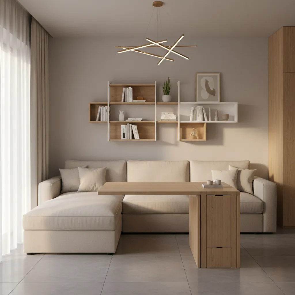 multifunctional furniture in a small 490 sq ft apartment living space
