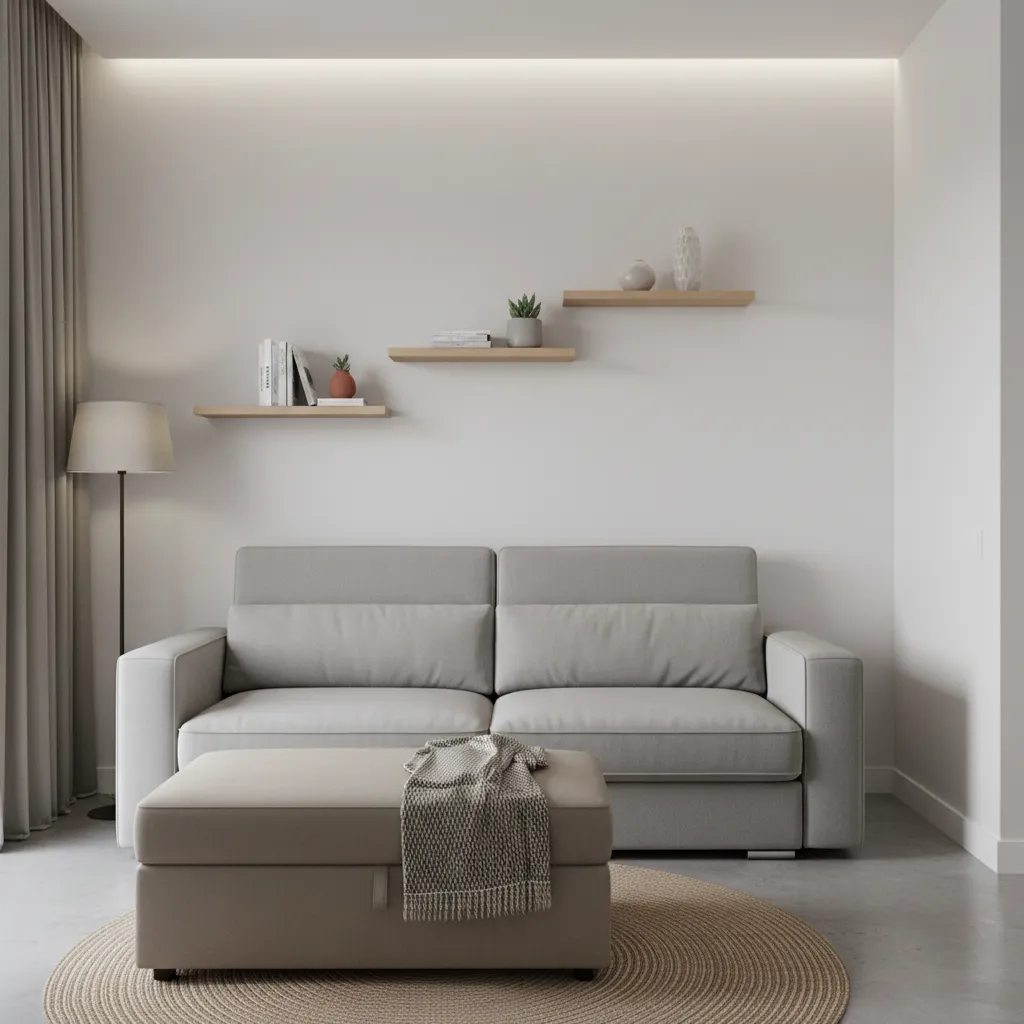 Multifunctional furniture like sofa bed and storage ottoman in small apartment