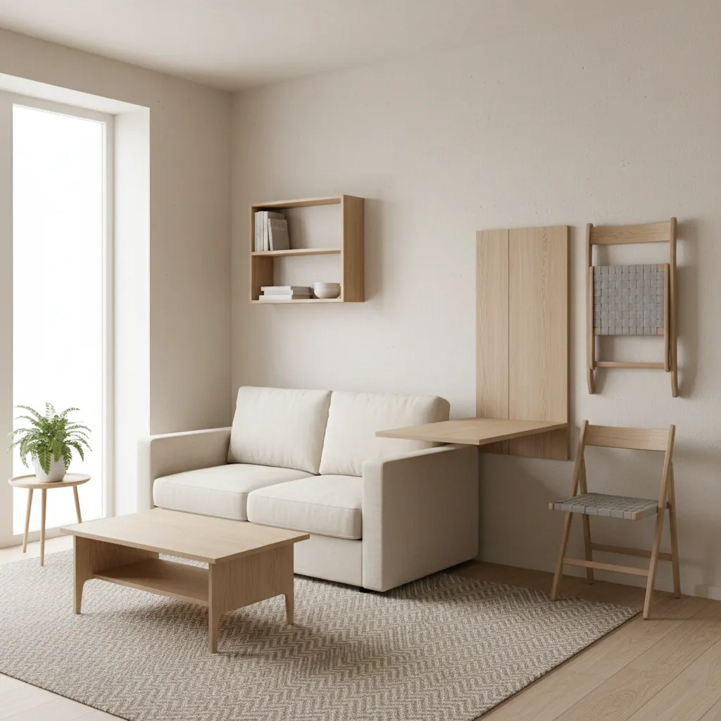 Multifunctional sofa bed and foldable dining table in a small apartment