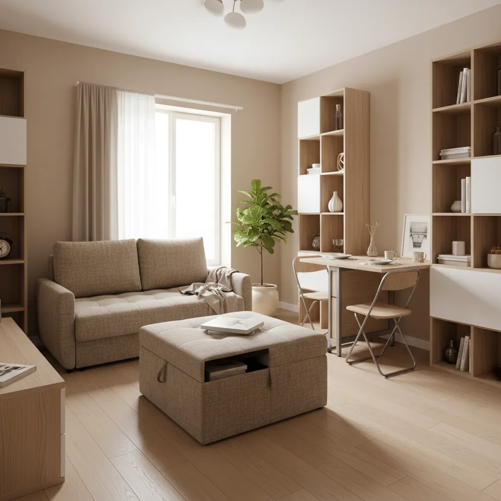 multifunctional furniture in small urban apartment living room