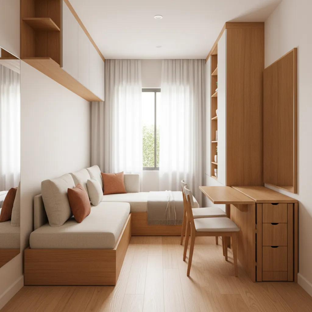 Multifunctional furniture layout for a small apartment living room