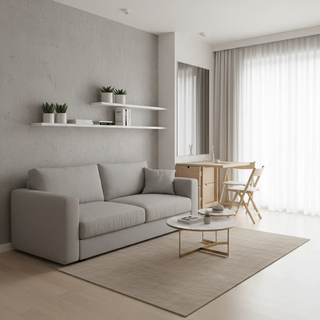 Multifunctional furniture in a small apartment including sofa bed and folding table