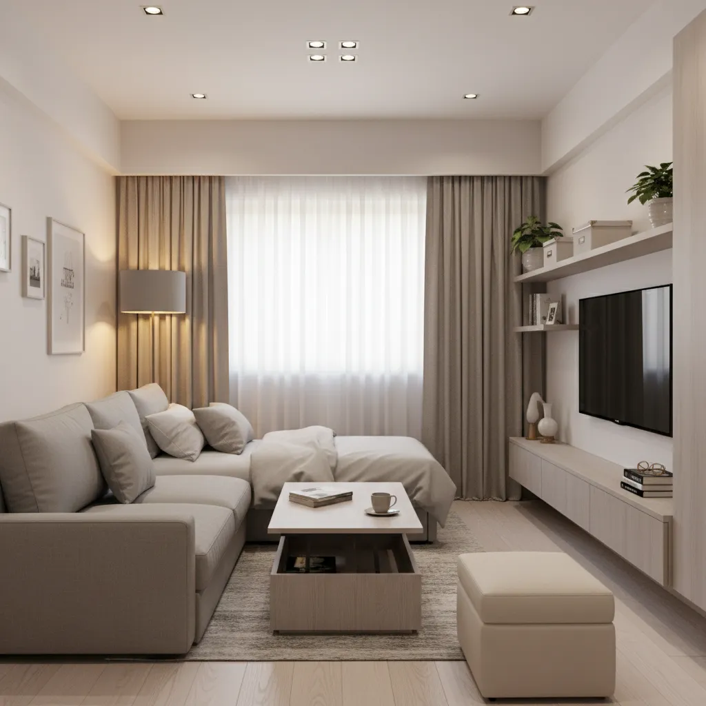 multifunctional furniture including sofa bed and storage ottoman in small apartment