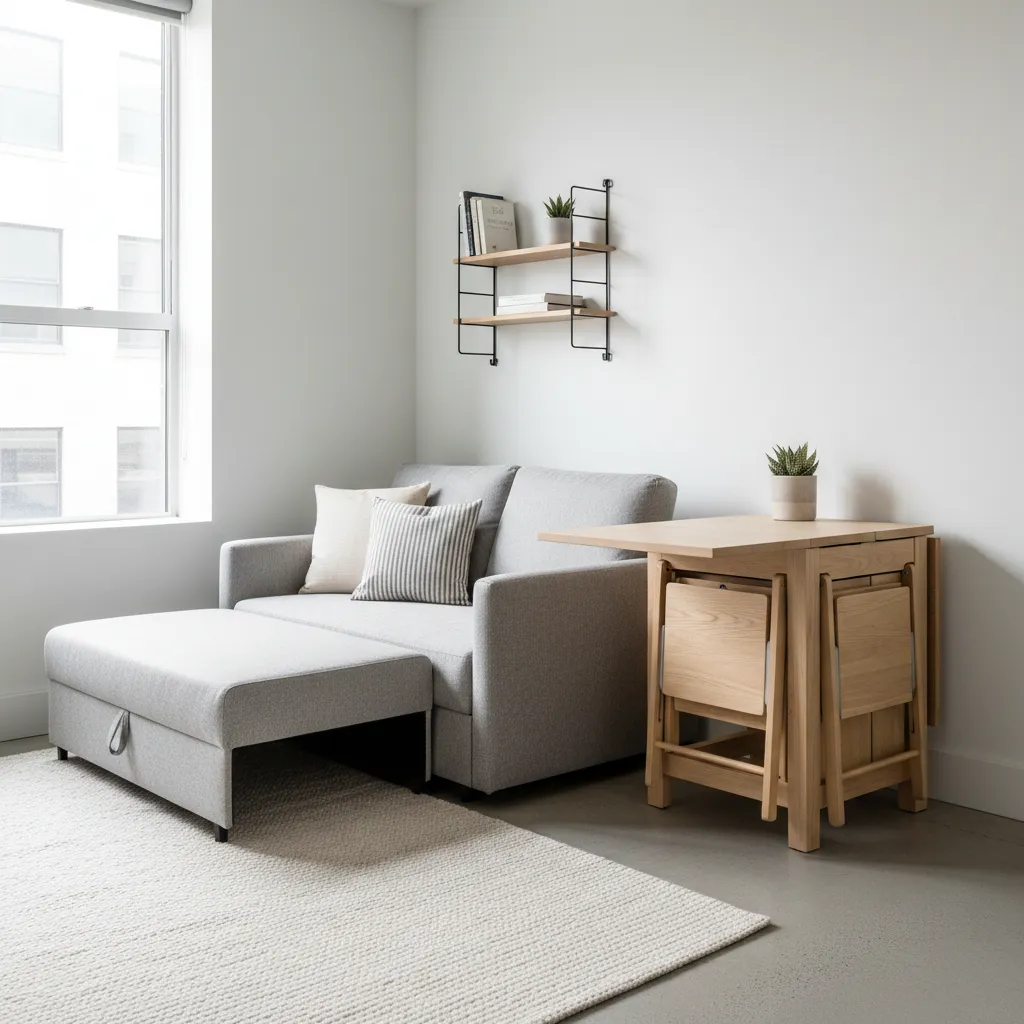 multifunctional sofa bed and foldable dining table in small apartment