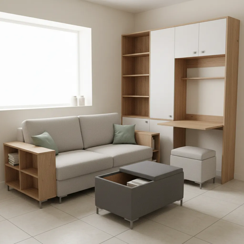 Multipurpose furniture like storage ottoman and sofa bed in small apartment