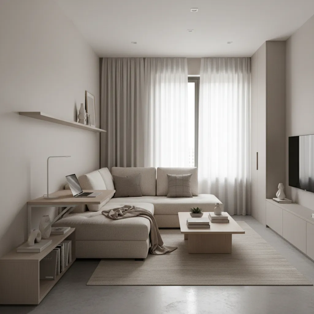 Multifunctional furniture setup in a compact living room workspace
