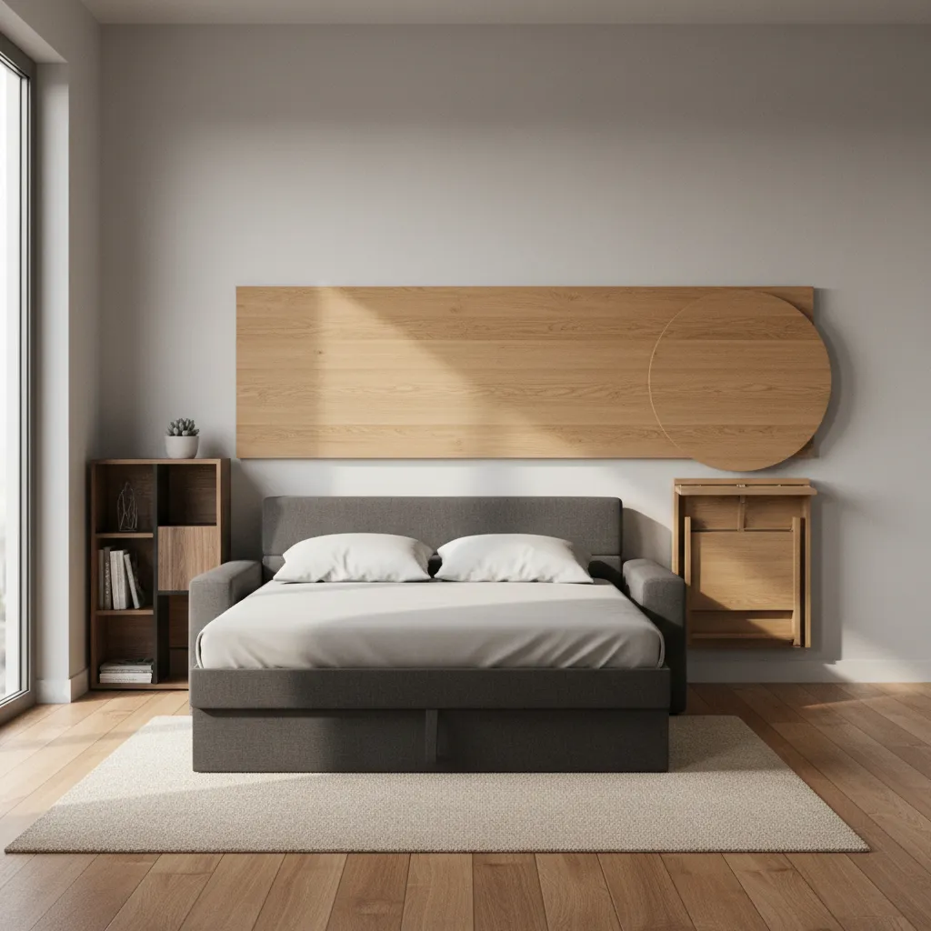 Multifunctional furniture in a small apartment including sofa bed and foldable table