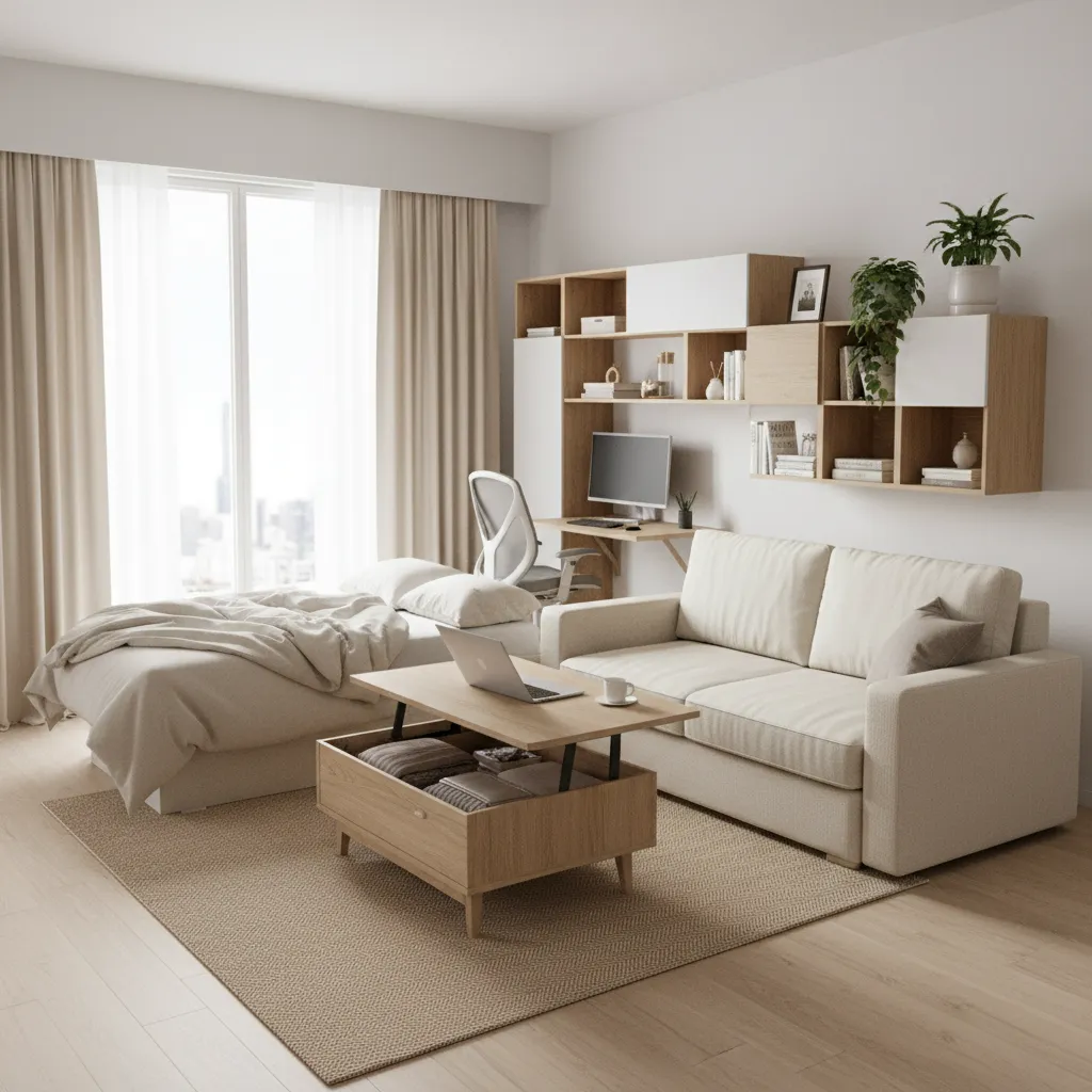 Multifunctional sofa bed and storage coffee table in a compact apartment