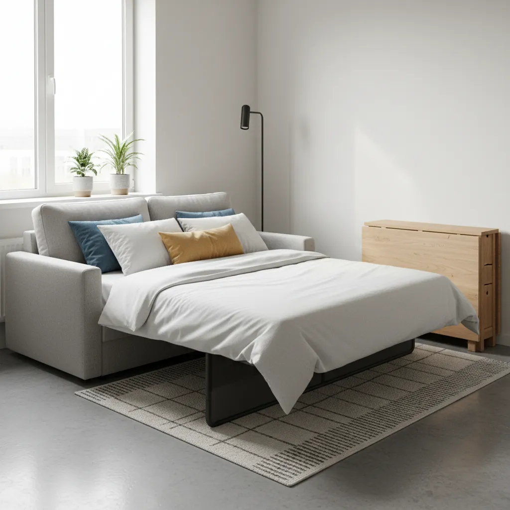 Multi functional furniture such as sofa bed and folding table in a small apartment