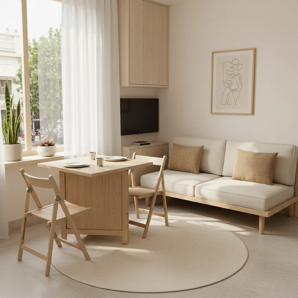 Multi functional furniture setup in a compact 1 BHK apartment