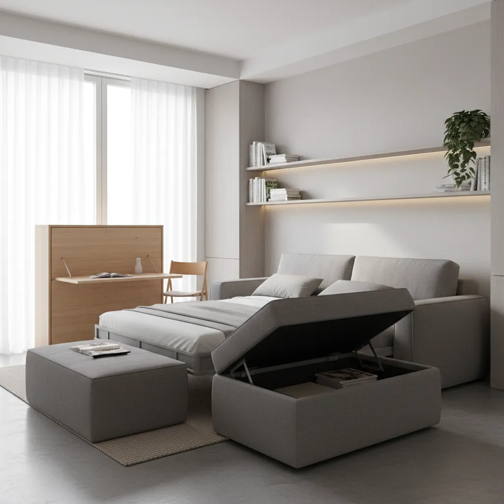 Multifunctional furniture setup in a compact apartment living space