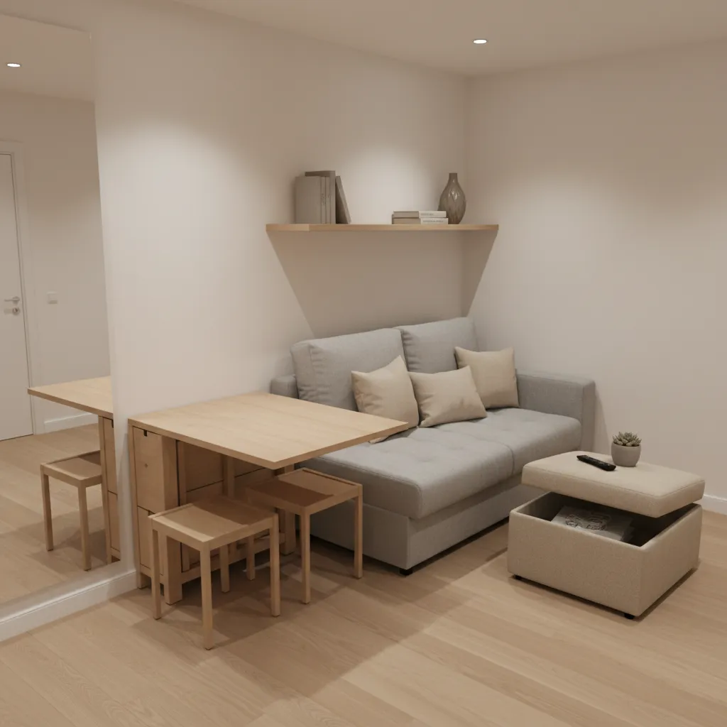 Small apartment furniture including sofa bed and foldable dining table