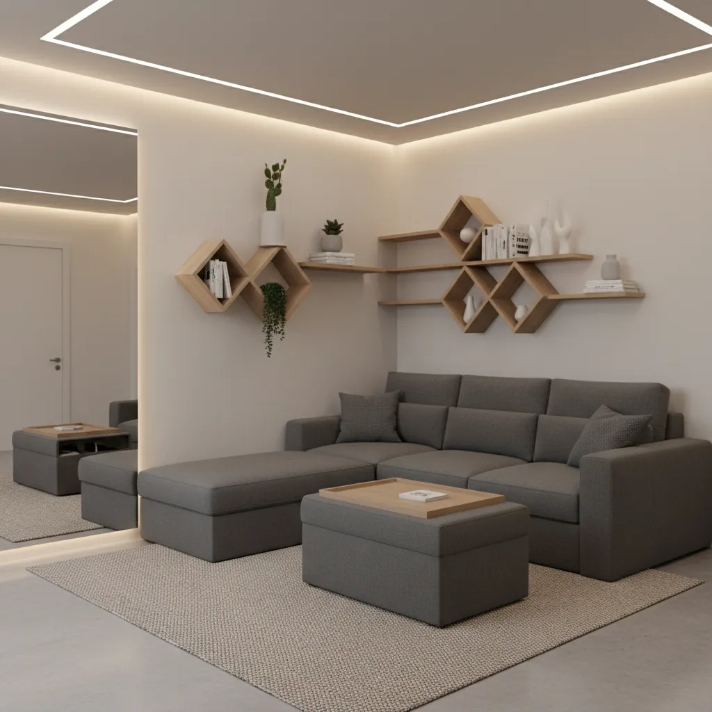 Multifunctional furniture in a compact apartment including sofa bed and storage ottoman