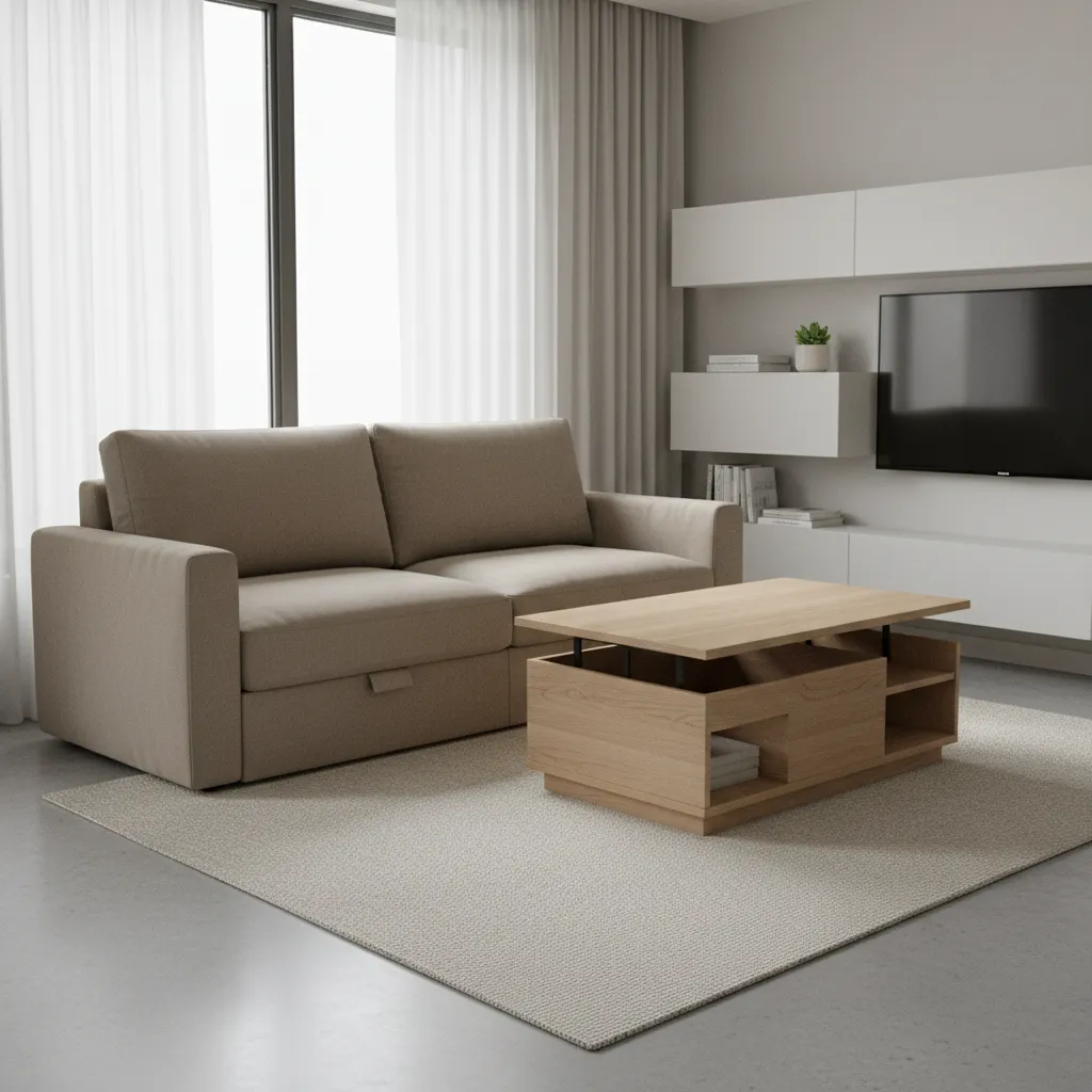 Multifunctional sofa bed and storage table in a compact apartment