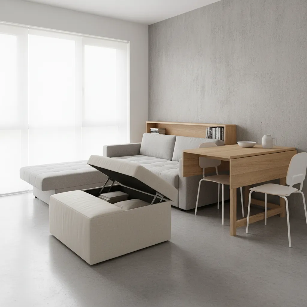 Multifunctional furniture in a compact apartment including sofa bed and storage ottoman