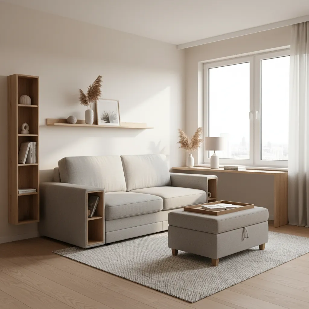 multifunctional sofa bed and storage ottoman in compact apartment living room