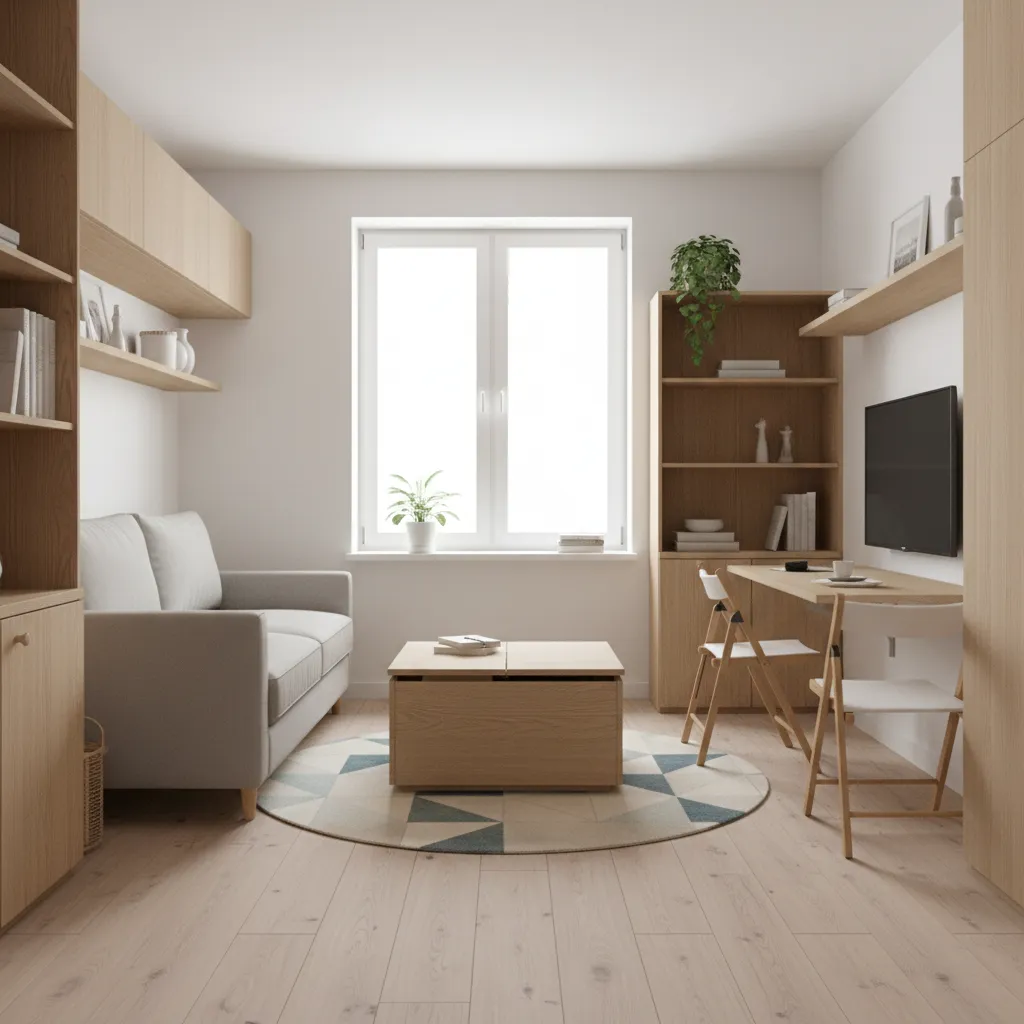 Multifunctional furniture in a small apartment including storage coffee table and compact sofa