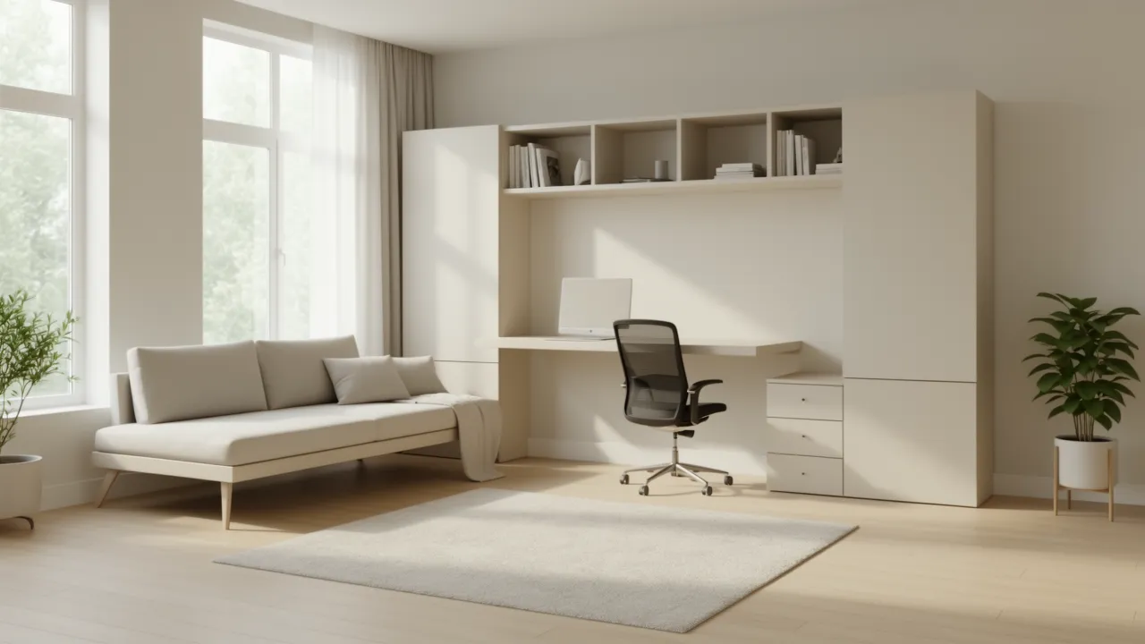 Multifunctional furniture setup with sofa bed and foldable work desk in modern apartment