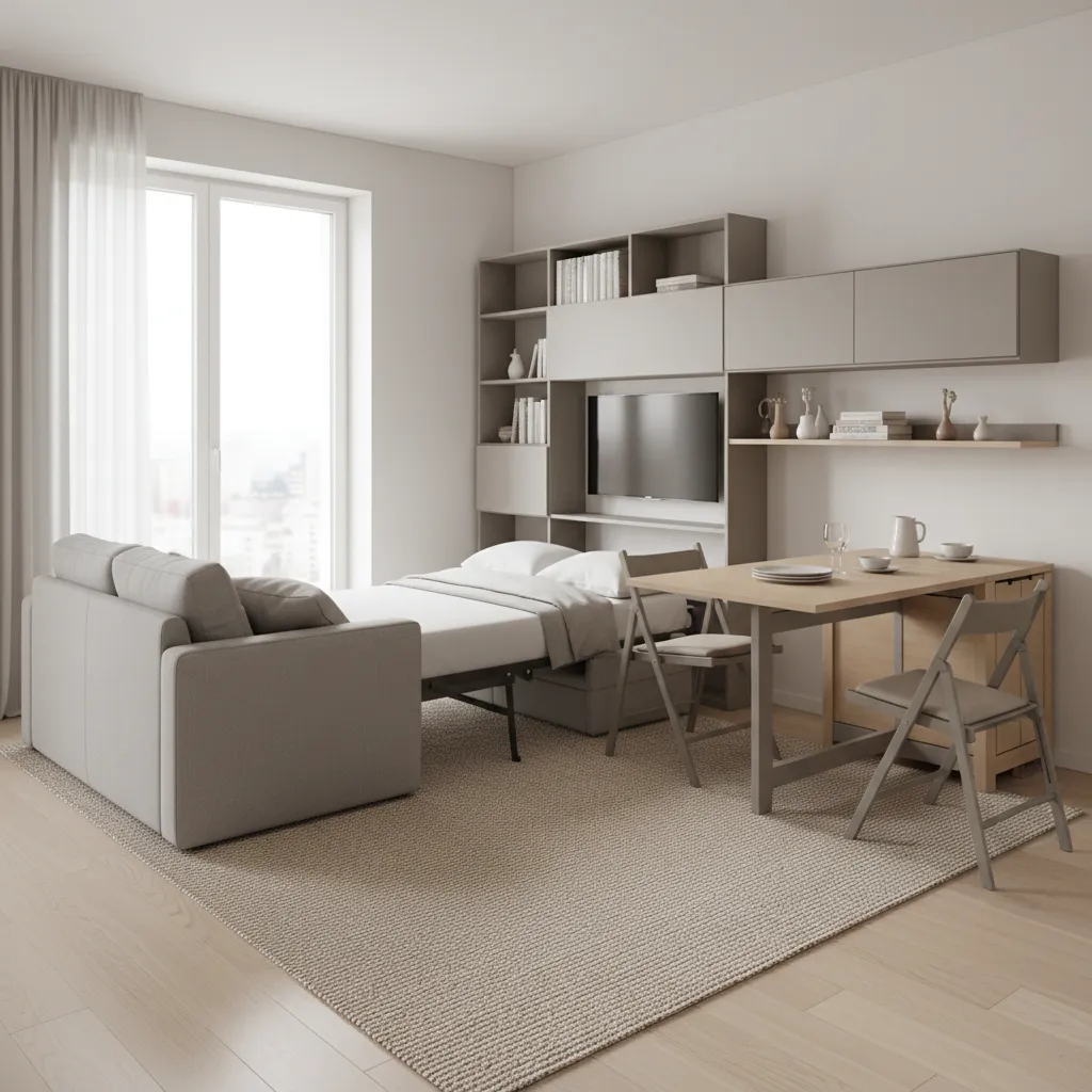 Multifunctional furniture such as sofa bed and foldable table in small apartment