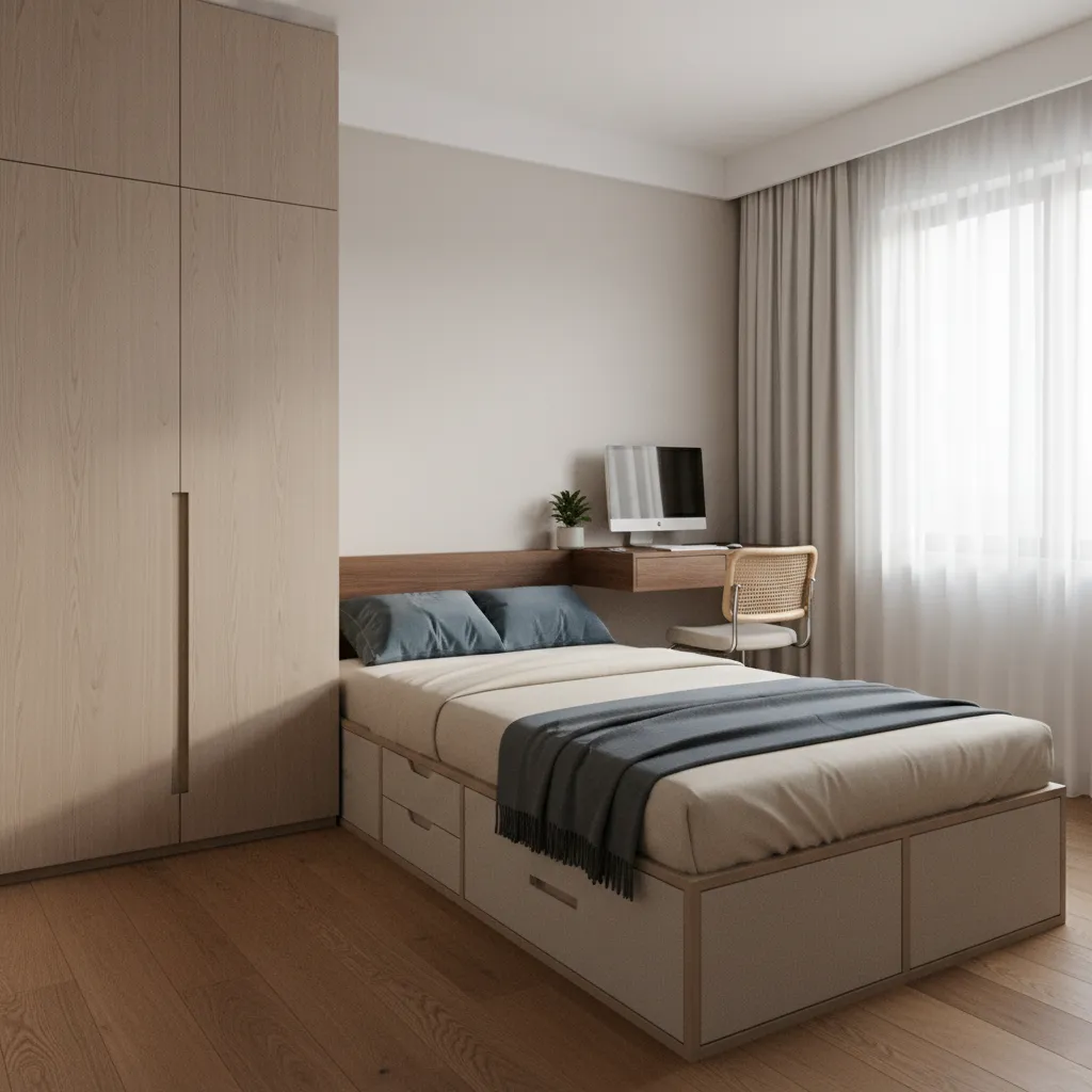 Small bedroom using multifunctional storage bed and compact wardrobe