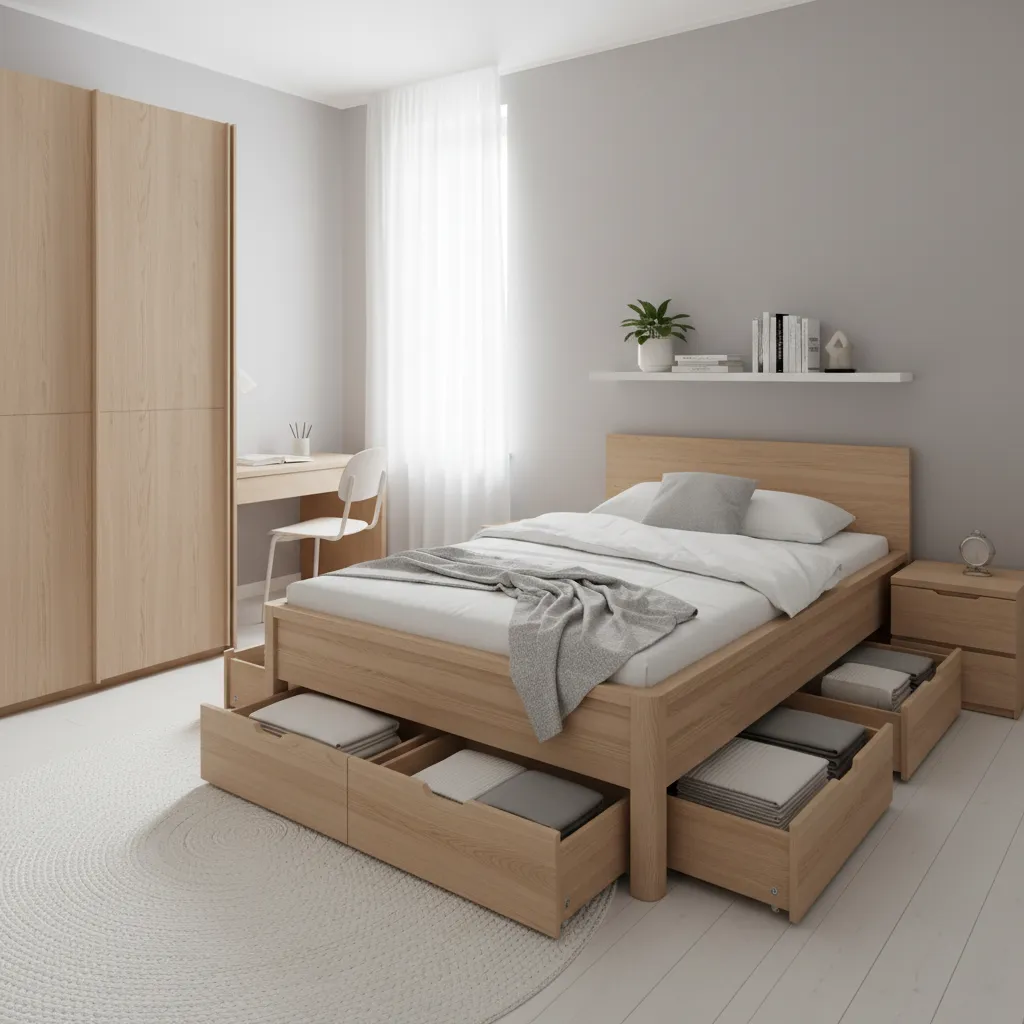 Small bedroom with storage bed and multifunctional furniture